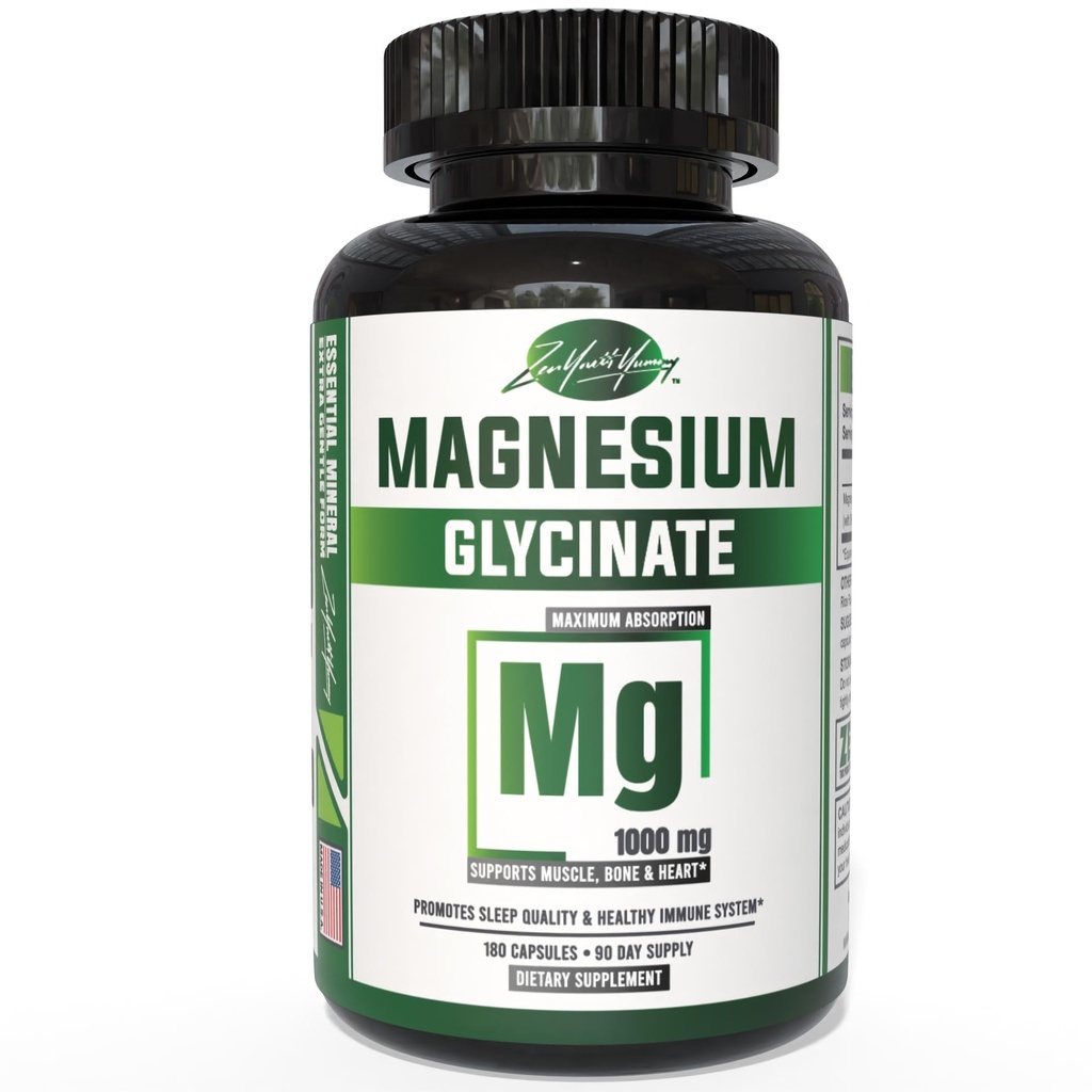 ZYY Pure Magnesium Glycinate Capsules 1000mg Máxima Fuerza, Chelated for High Absorption Magnesium Supplement for Sleep, Muscle, Brain, Bone and Heart Health, 3rd Party Tested, 180 Capsules