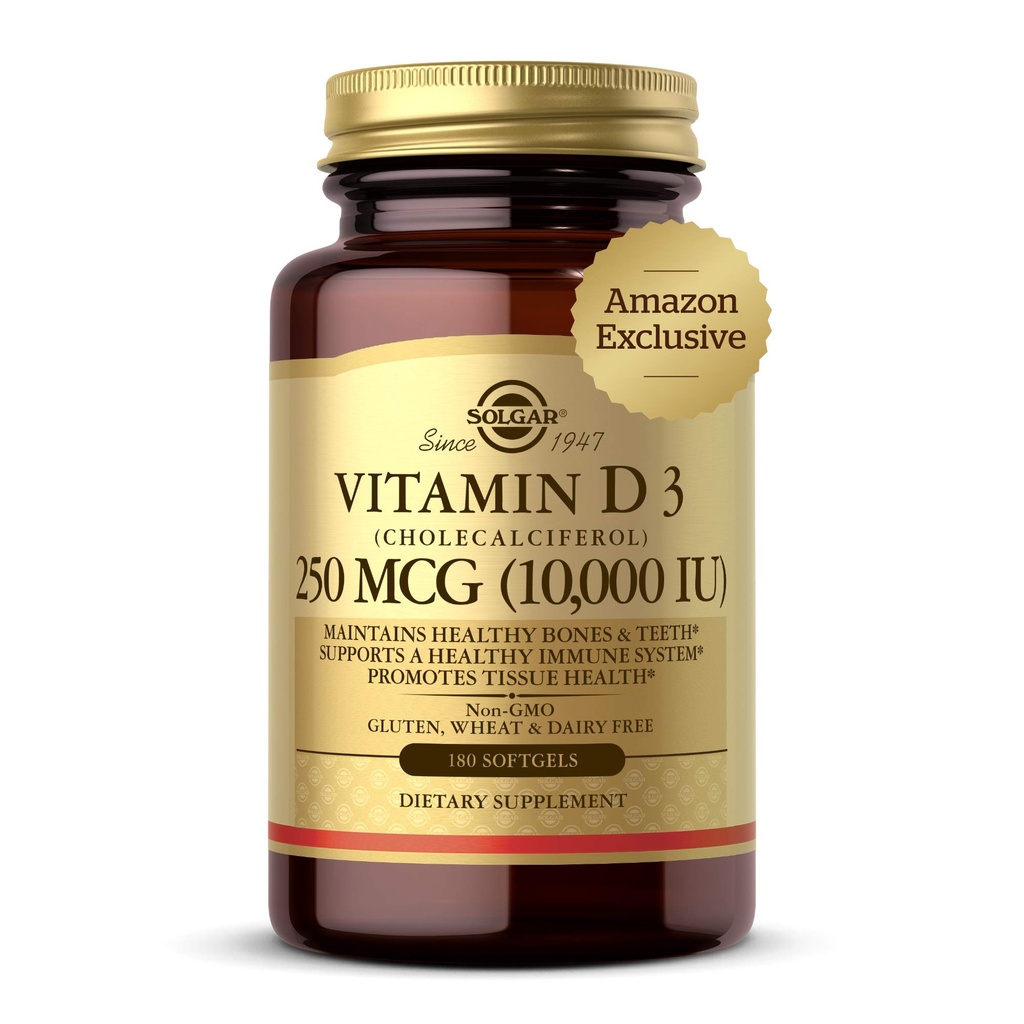 Solgar Vitamina D3 Cholecalciferol 250 MCG 10000 IU Softgels Ayuda a mantener los huesos saludables del sistema de inmunes de dientes Soporte Gluten no GMO, Servimientos sin lácteos, 180 Cuenta