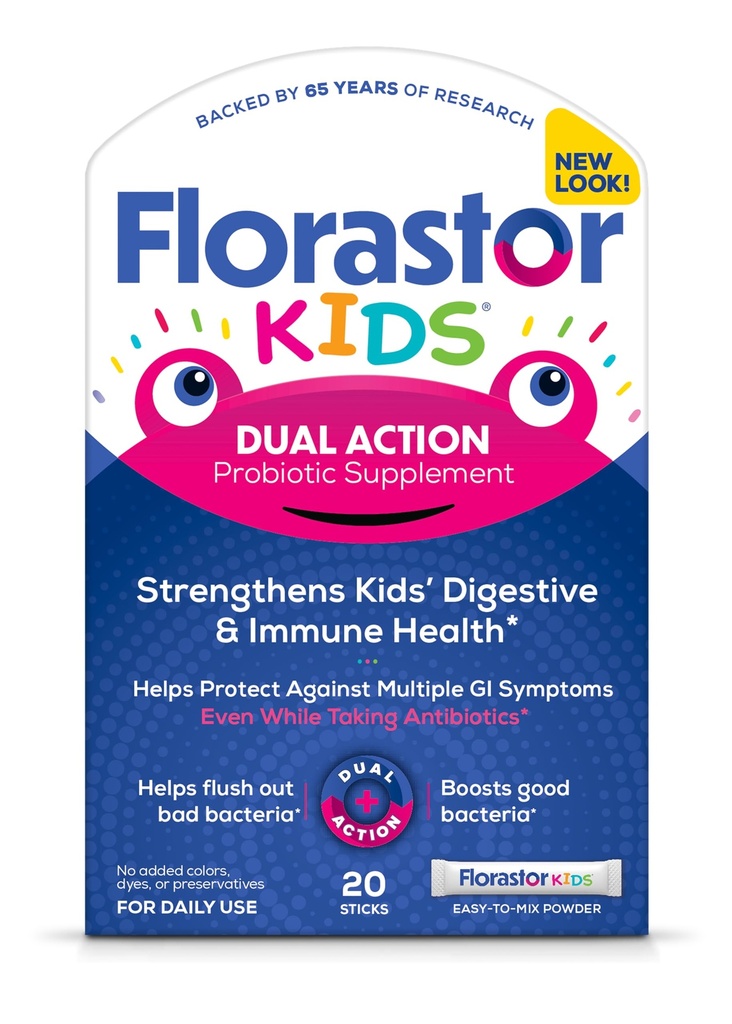 Florastor Kids Dual Action Probiotic Supplement, Strengthenings Kids' Digestive & Immune Health, 20 Easy-to Mix Powder Sticks, Packaging May Vary