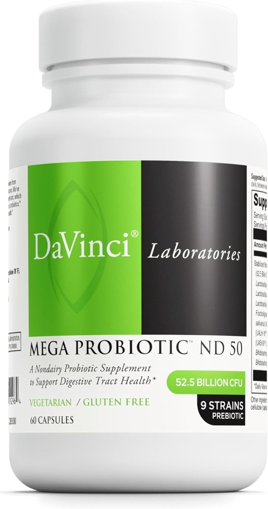 DAVINCI Laboratorios Mega Probiótico ND 50 - Suplemento Probiótico No Aéreo con Fibra Prebiótica - Digestiva & Apoyo a la Salud Inmune* - Gut Support with Beneficial Bacteria* - 60 cápsulas vegetarianas