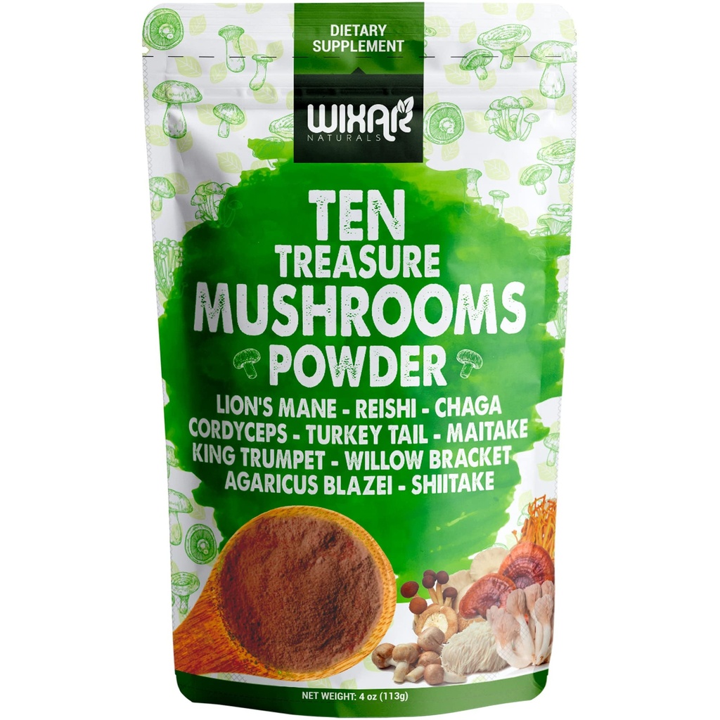 Wixar Mushroom Powder - Ten Treasure Mushrooms Extract Supplement Blend for Coffee & Smoothies - Lions Mane, Turquía Tail, Reishi, Chaga, Shiitake, Cordyceps, Complex - 4oz Mushroom Supplement