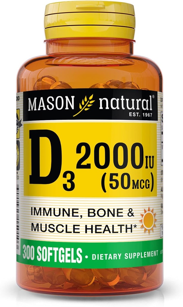 MASON NATURAL Vitamina D3 2,000 UI Ultra Strength, soporta la densidad de los huesos, la fuerza &amp; salud inmunitaria, 300 Softgels