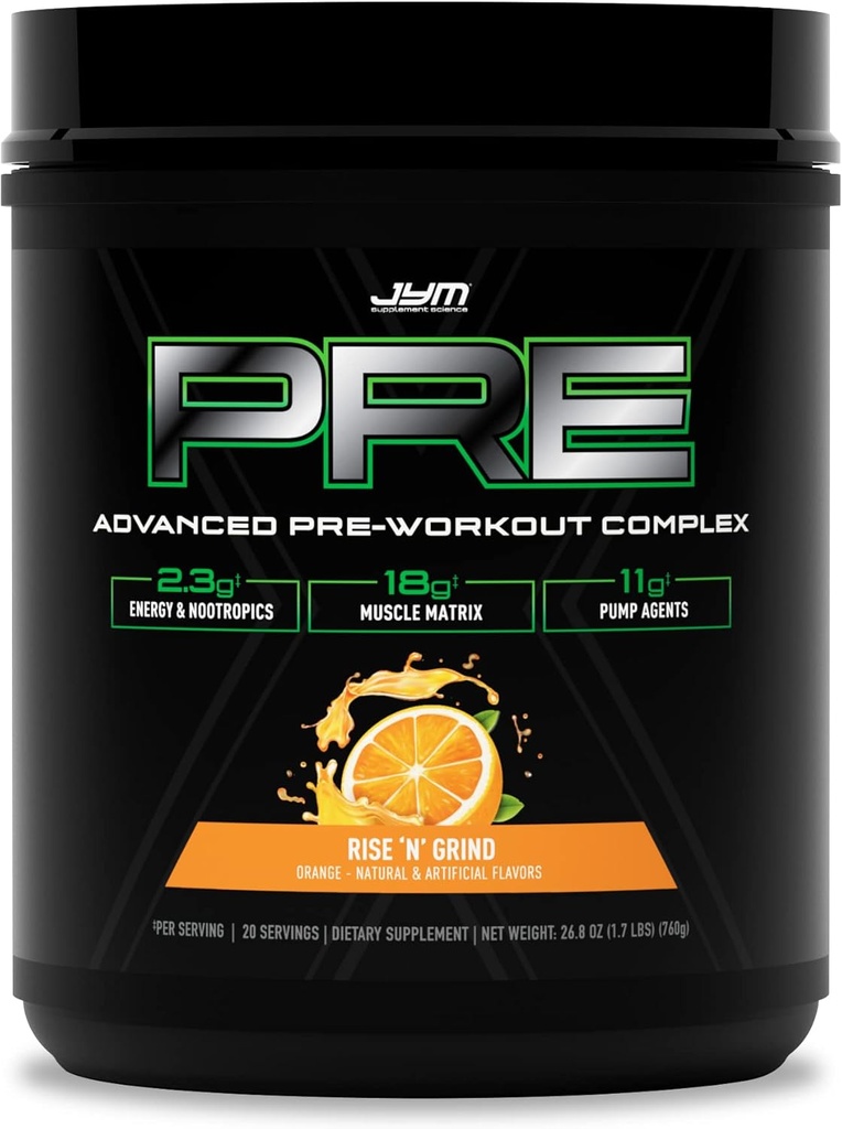 Pre JYM X Rise N' Grind Advanced Pre-Workout Powder Bombas Massive, Citrulline Nitrate, Dynamine, NO3T Betaine, BCAA, Nootropics, Creatine, Beta-Alanine, JYM Supplement Science, 20 Servings