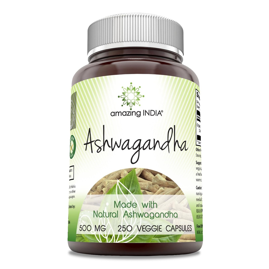 Amazing India Natural Ashwagandha ← 500 Mg Por Serving ← Veggie Capsules ← Non-GMO TENIDO Gluten Free TEN Made in USA (250)