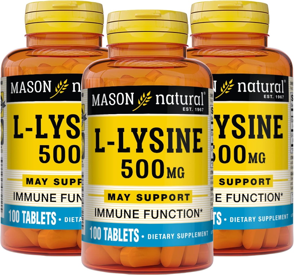 MASON NATURAL L-Lysine 500 mg con Calcio - Mejor Función de Inmuno, Ausorción de Nutrientes Mejorada, Aminoácidos Esenciales, 100 Tabletas (Pack of 3)