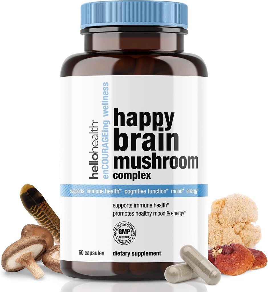 Happy Brain Mushroom Complex Nootropics Brain Support Suplemento Silencio 10 Mushroom Suplemento: Lions Mane, Turquía Tail, Red Reishi, Shiitake Mushrooms for Mental Clarity, Energy & Immune Support 60 ct