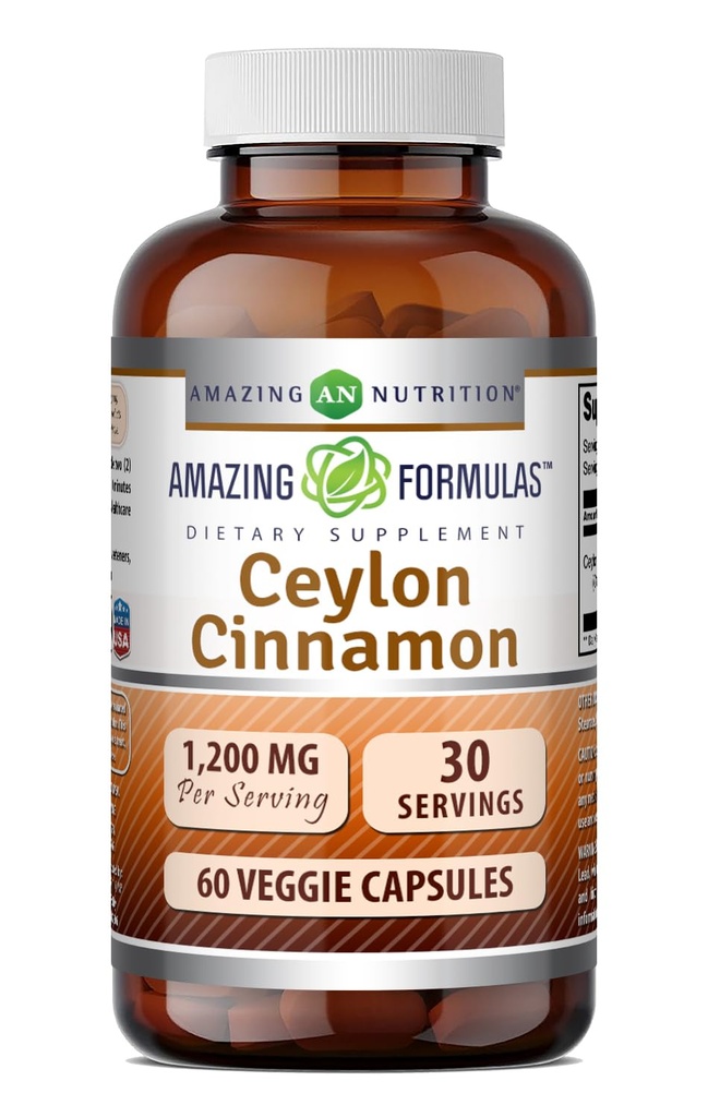 Fórmulas increíbles Ceylon Cinnamon 1200 Mg Suplemento Silencio Vegetarian Capsules ← No Gluten-Free TEN Made in USA (1 Pack ← 60 Cuenta)