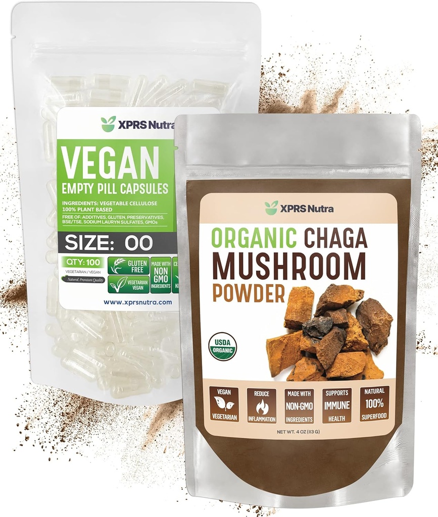XPRS Nutra Organic Chaga Powder 4 onzas con tamaño 00 cápsulas de vacío preseparadas (100 conde) Bundle