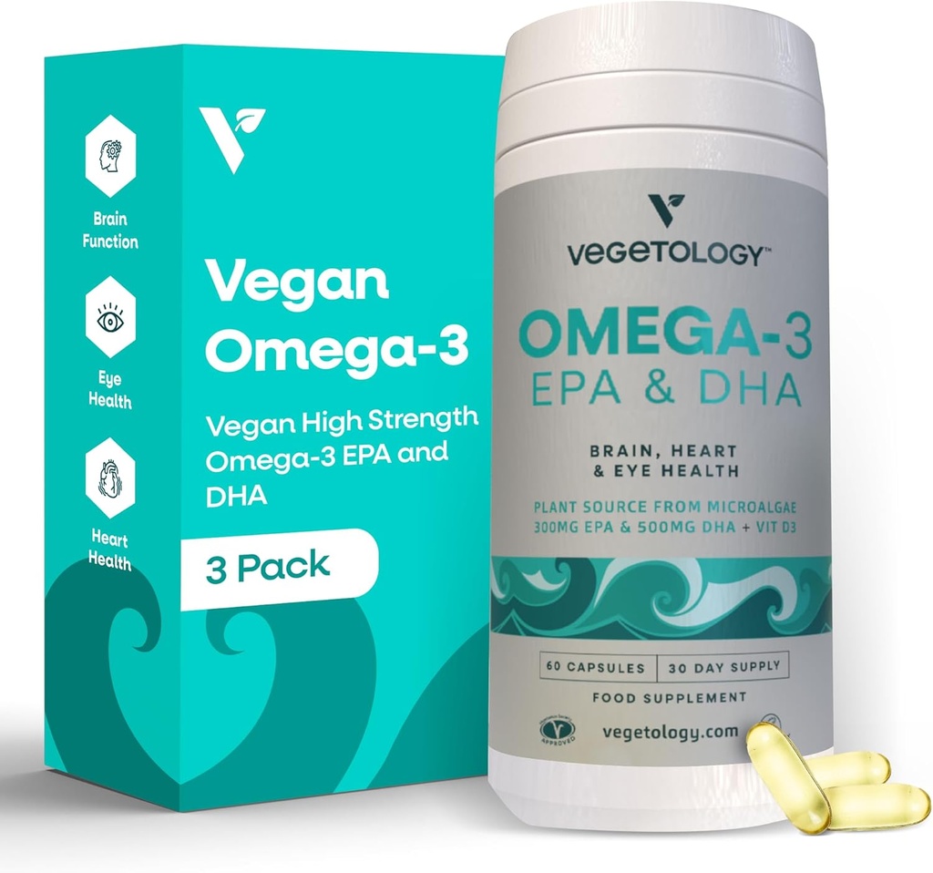 Vegan Omega 3 Suplemento – Omega-3, EPA, DHA Suplementos " Vitamina D3 – Algae Omega 3 Suplementos veganos para la salud del cerebro, el ojo y el corazón – Omega 3 para adultos de niños (180 cápsulas)