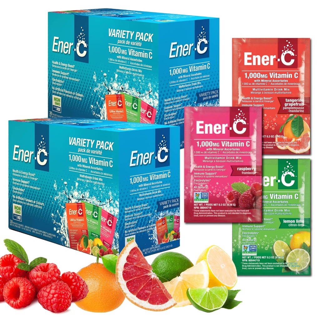 Mezcla de bebidas multivitamínicas ener-C - Packets de vitaminas para agua, paquetes de pólvora de electrolitos, mezcla de vitaminas, mezcla líquido de hidratación, boóster inmune para adultos, energía sana - paquete de variedades, 60 conde
