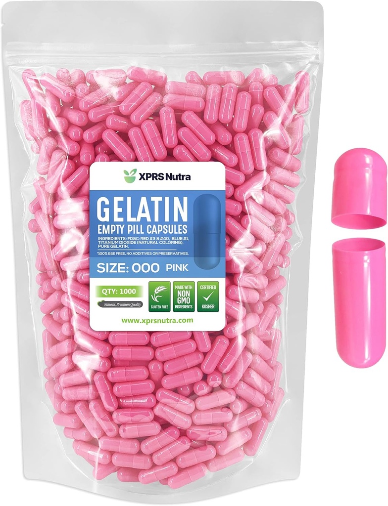 XPRS Nutra Size 000 Empty Capsules - 1000 Contando grandes capas de gelatina vacías - Píldoras para relleno de cápsulas de suplemento DIY - Cápsulas de gel de color relleno