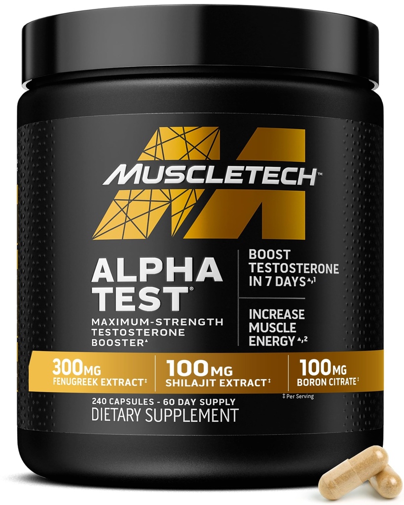MuscleTech Testosterone Booster para Hombres, AlphaTest - T-Boost Mens Suplemento con Tribulus Terrestris " Boron - Daily Hombre Gym Workout Suplementos para el crecimiento muscular, resistencia " Energía - 240 pastillas