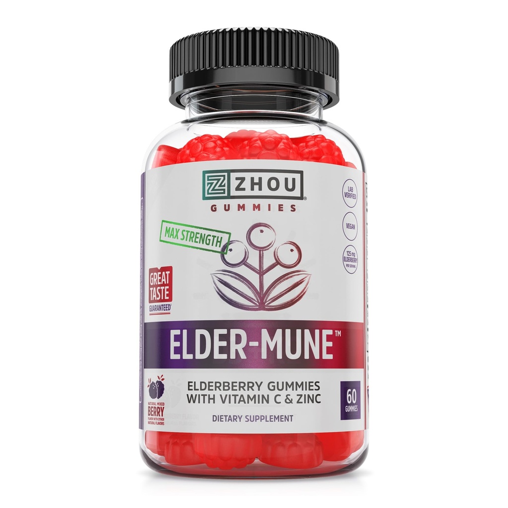 Zhou Elder-Mune Elderberry Gummies - Elderberry Vitamin C y Zinc, Daily Immune Support Supplemenet for Women &amp; Men, Chewable Natural Black Elderberry for Adults &amp; Children 4 &amp; Up - 60 Gummies