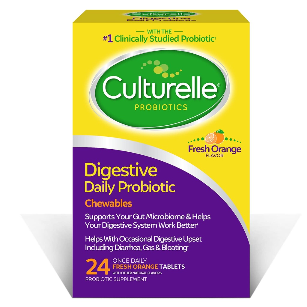 Salud Digestiva Cultura Salud Digestiva Chewables Probióticos diarios, Probiótico para hombres y mujeres, Más estudiado clínicamente Strain Probiótico, 10 millones de UF, apoya la diarrea ocasional, el gas y el gas, 24 cuenta
