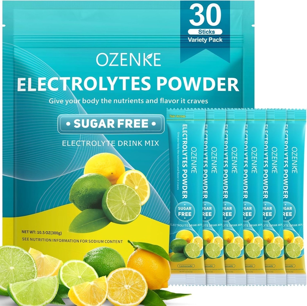 Electrolytes Powder Packets,30 Sticks Hydration Packets Sugar Free, Electrolyte Drink Mix Portable Electrolyte Packets for Rapid Hydration, 0 Sugar & 0 Calorie, Lemonade Flavor