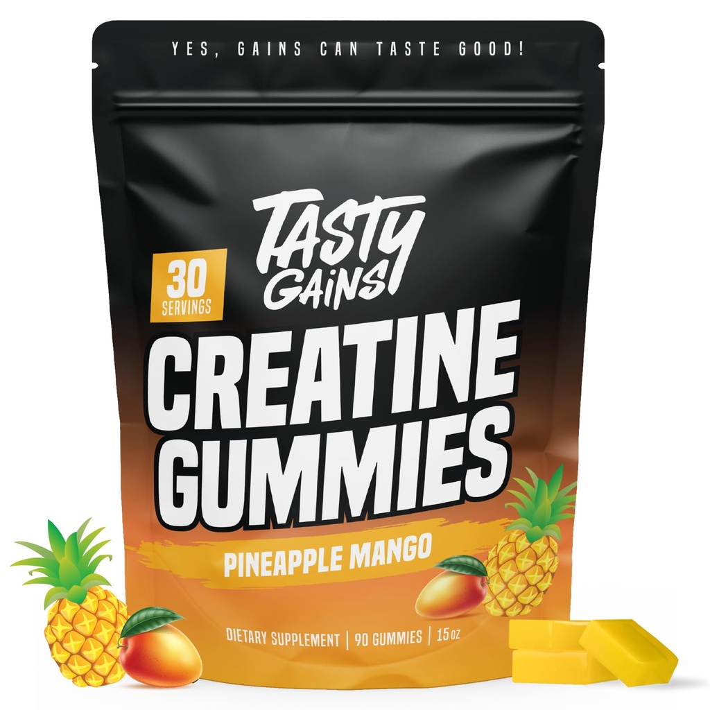 TASTY GAINS Creatine Gummies - 90g de Monohidrato de Creatina - Suplementos de entrenamiento - Construir músculo y fuerza mayor para hombres y mujeres - Made in USA - Non GMO - Vegan Friendly (Large, Pineapple Mango)