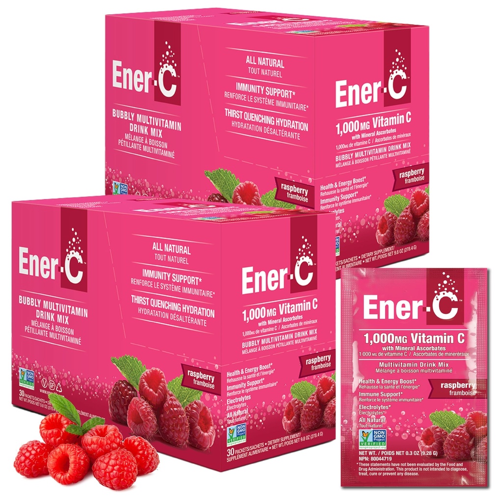 Mezcla de bebidas multivitamínicas ener-C - Packets de vitaminas para agua, paquetes de pólvora de electrolitos, mezcla de vitaminas, mezcla de líquido de hidratación, boóster inmune para adultos, energía sana - frambuesa, 60 cuenta
