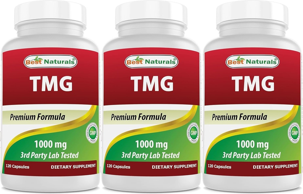 Mejores Naturales TMG Trimetilglicina (como Betaine Anhydrous) 1000 mg Servir - 120 cápsulas - Niveles de Homocisteína Saludable y Apoyo a la Metilación (120 Cuenta (Pack of 3))