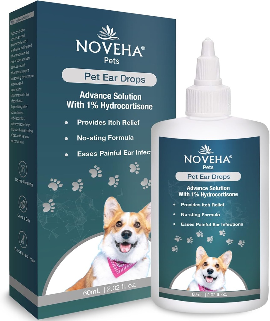 NOVEHA Pet Ear gotas con 1% Hydrocortisone ← Limpiador de oído para perros & gatos para la acumulación de Earwax, Fórmula de No-Sting, Calms Itch & Reduce las infecciones dolorosas del oído 60mL (Pack of 1))