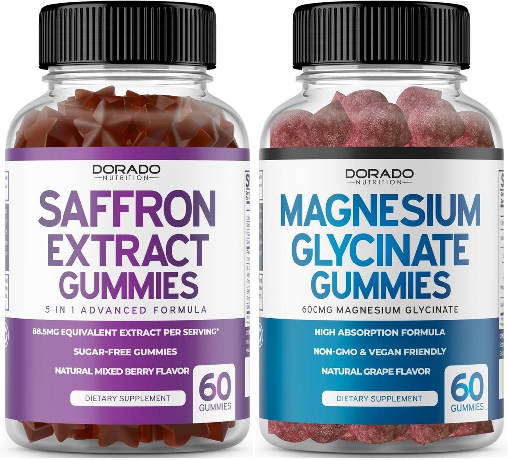 Suplementos de Saffron (60 Gummies) 5 en 1 Advanced Formula Sugar Free Gummy - Delicious Raspberry Flavor y Magnesium Glycinate (60 Conde) Pure Glycinate Gummy for Adults - Non-GMO, Vegan &amp; USA Made
