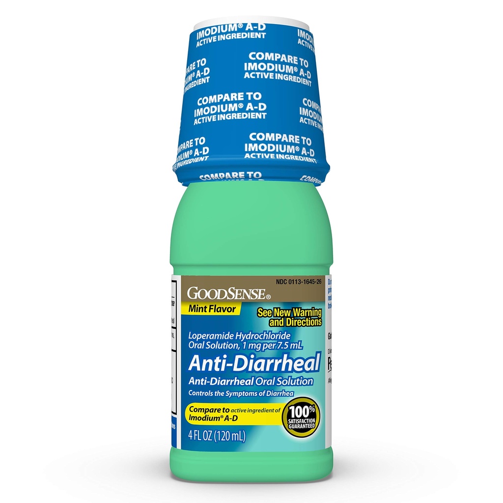 Good Sense Anti-Diarreal Medicine, Loperamide Hydrochloride Oral Solution, 1 mg por 7,5 mL, Mint, 4 Fl Oz