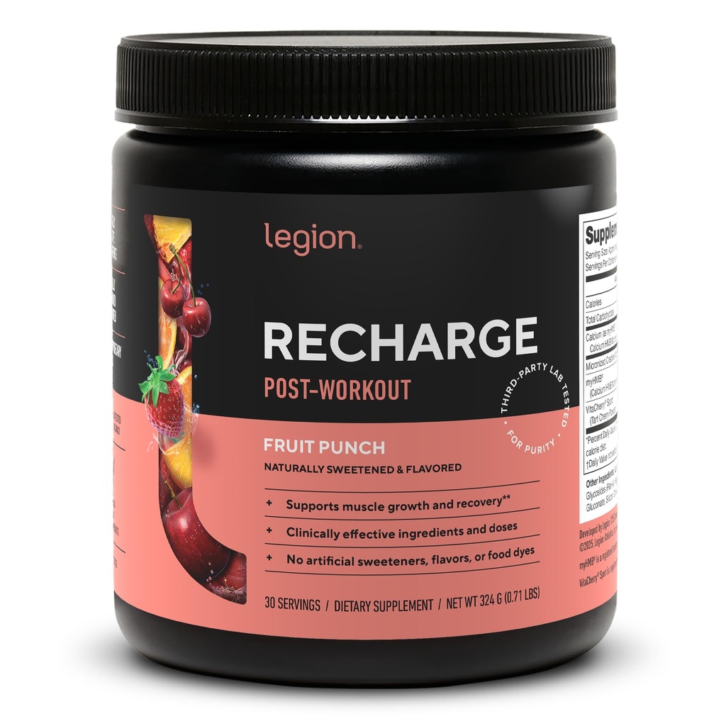 LEGION Recharge Post Workout Suplemento - All Natural Muscle Builder " Recovery Drink with Micronized Creatine Monohydrate. Naturalmente endulzado &amp; Saborado, seguro &amp; saludable (Fruit Punch, 30 Serve)