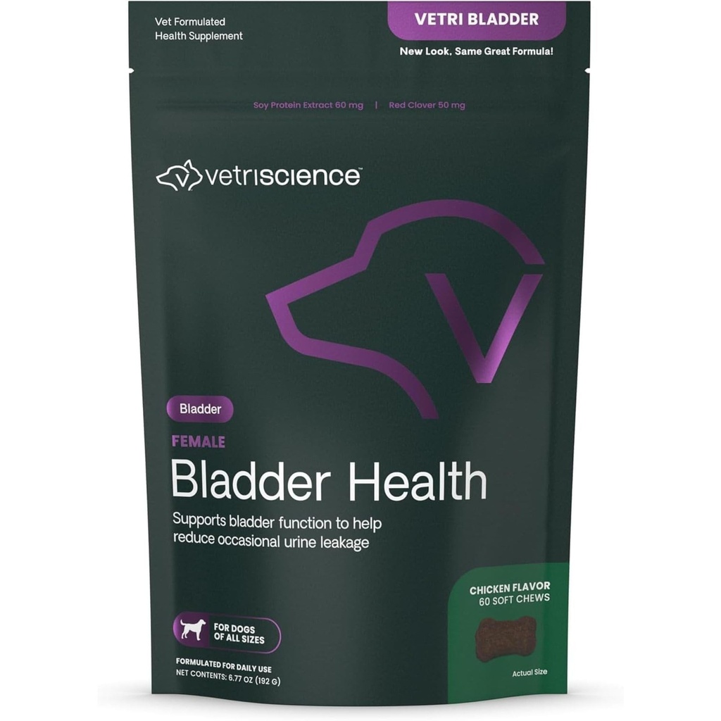 VETRISCIENCE Lápices de salud de vetri, suplemento de vetri vejiga para perros, soporte de incontinencia, reducir el desagüe de orina y la vejiga hiperactiva, soy Proteína y Clover rojo, pollo, 60 cuenta