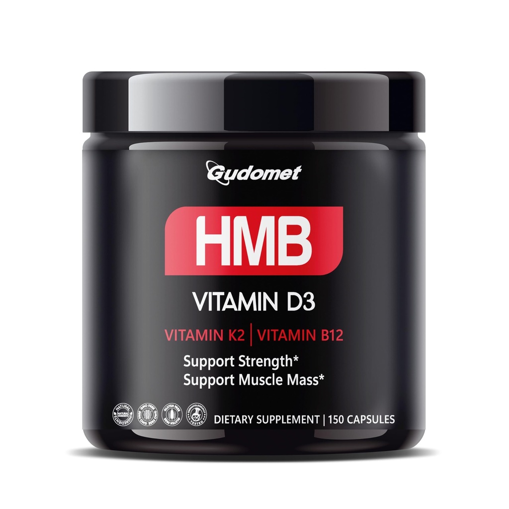 HMB con D3, K2 &amp; B12 – Suplemento de apoyo a la salud muscular – 150 cápsulas – Made in USA