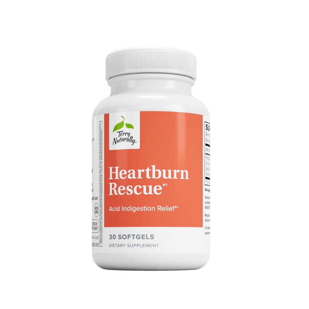 Terry Naturalmente Heartburn Rescue - Suplemento dietético de Ayuda Acid Indigestion Relief - Asistencia sanitaria digestiva con D-Limonene &amp; Sea Buckthorn - Ayudas Occasional Heartburn Relief - 30 Softgels