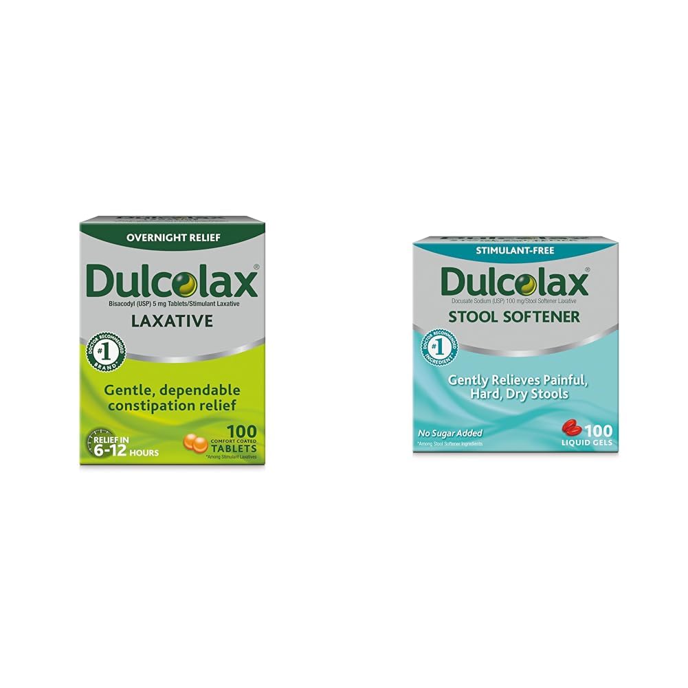 Dulcolax Stimulant Laxative Tablets (100 Conde) Gentle Overnight Constipation Relief, Bisacodyl 5mg " Stool Softener Laxative Liquid Gel Capsules (100ct) for Gentle Relief, Docusate Sodium 100mg