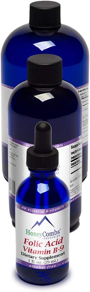 HoneyCombs Vitamina B9 Liquid Drops - High Potency Liquid Vitamin B9 Folic Acid Suplemento para Mujeres - Mantener un hígado saludable, embarazo, salud general - Cold Pressed Vegan Vitamins Drops (16 Fl oz)