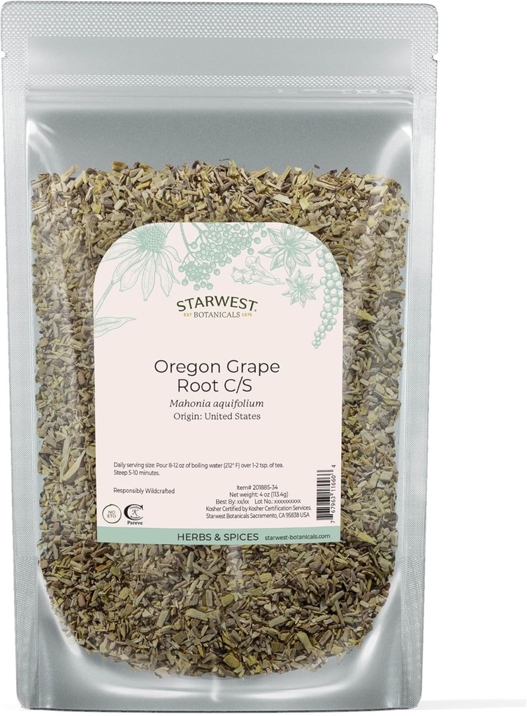 Starwest Botanicals Oregon Grape Root Wildcrafted - Dried Loose Herb for Tea, Tinctures, Capsules, " Salves, Natural Wellness for Women " Men, Cut " Sifted, Certified Kosher, Non-GMO - 4 oz Pouch