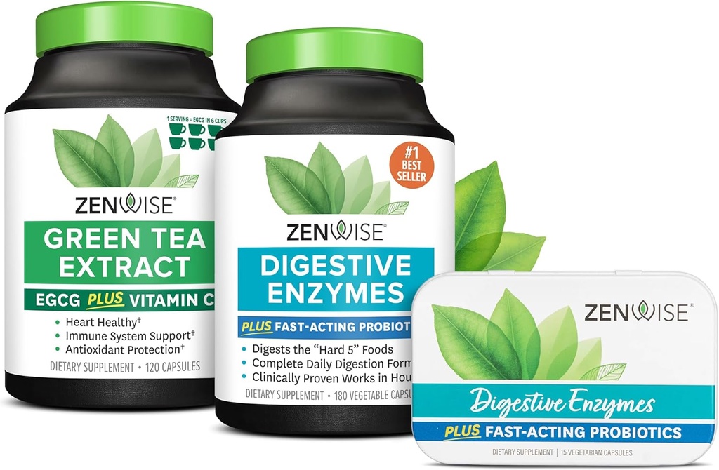 Zenwise Health Digestive Enzymes, Green Tea Extract y Free Travel Tin