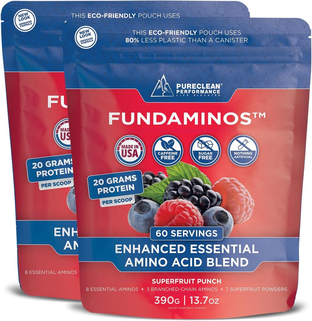 FundAminos Organic EAA + BCAA Powder Blend ← Aminos esenciales basados en plantas para la vitalidad cotidiana, envejecimiento saludable " nutrición equilibrada TEN Gluten Free, Non-GMO, Clean Label – 2 Bolsas (60 Servimientos)