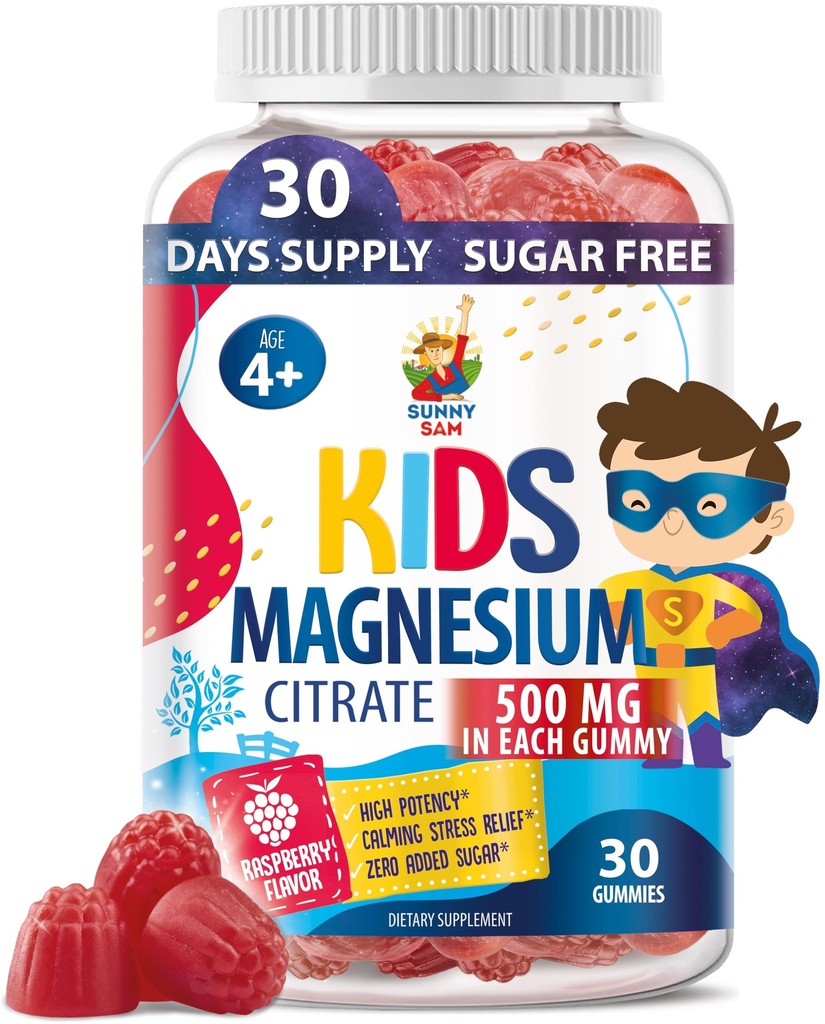 Gummies de Magnesio Libre de Azúcar para Niños &amp; Adolescentes - 500mg Citrato de Magnesio Calma - Magnesio Chewable Gummy Suplemento para el sueño, Mood &amp; Muscle Support - 30 días de suministro