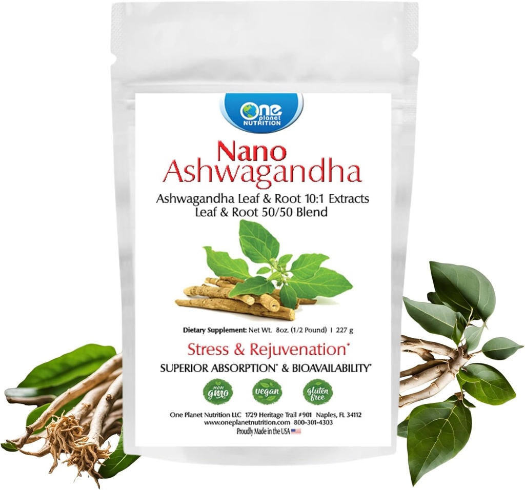 One Planet Nutrition Nano Ashwagandha Leaf & Root Powder 8 oz (227 Servings), 10:1 Extract, Supports Mental Clarity, Non-GMO, Vegan, Sin gluten