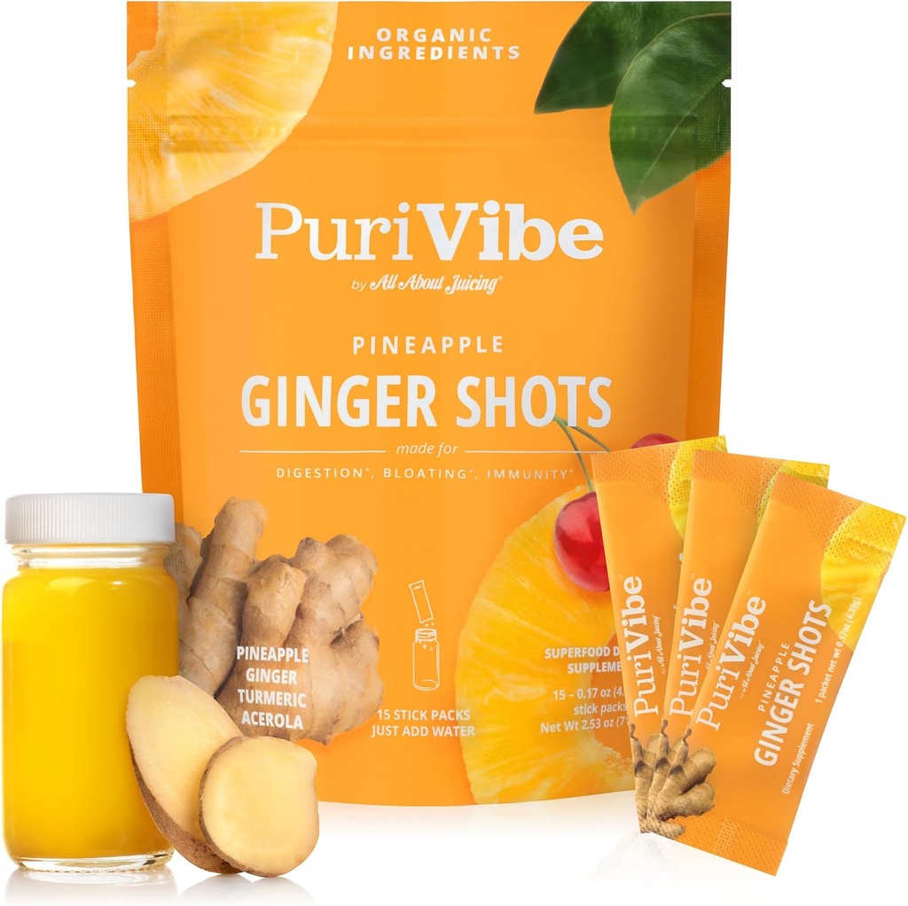All About Juicing Ginger Shots with Pineapple & Turmeric - Superfood Juice Powder - Inmunity, Digestion & Energy Support - 15 Wellness Stick Packs - PuriVibe