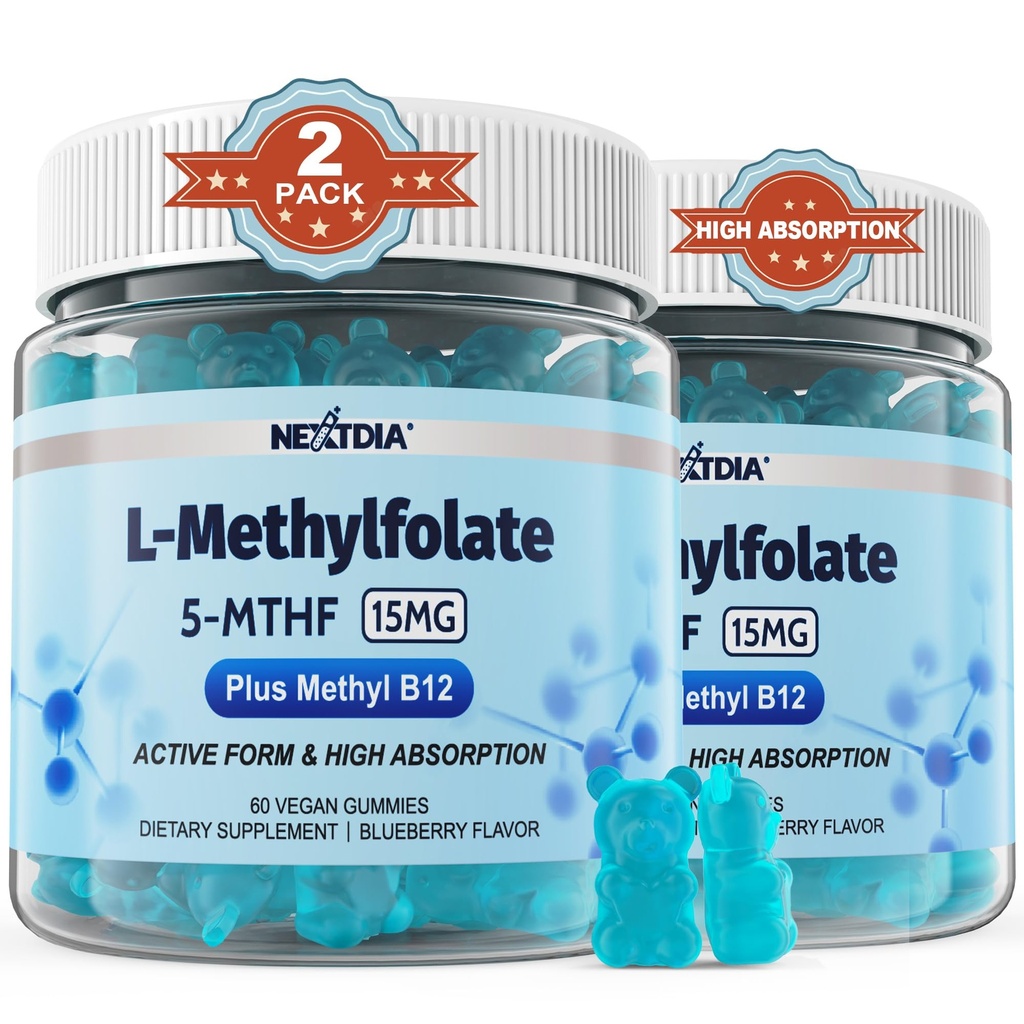 L-MetilFolate 15mg &amp; Methyl B12 Gummies, Methylated B1, B2, B6 Multivitamins - Active 5-MTHF & High Absorption - Supports MTHFR Gene, Cognition, Homocysteine Levels, Folate Metabolism, Vegan, 120 Cts