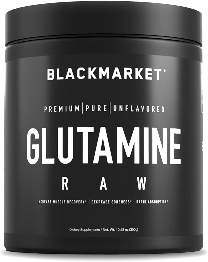 Glutamina RAW BLACKMARKET - Mezcla de Bebida de Polvo para Hombres &amp; Mujeres, Mejorar la recuperación " Reducir la calma muscular, aumentar la memoria, el foco, la concentración, 300 gramos