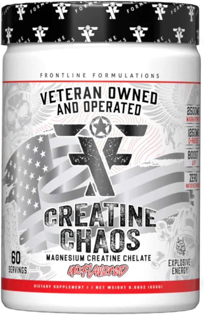 Creatine Chaos, promueve el crecimiento del músculo magro, desarmado, recuperación del músculo de la ayuda, suplemento post-entrenamiento, Veteren poseído y operado (60 servidos, Magnesium Creatine Chelate)