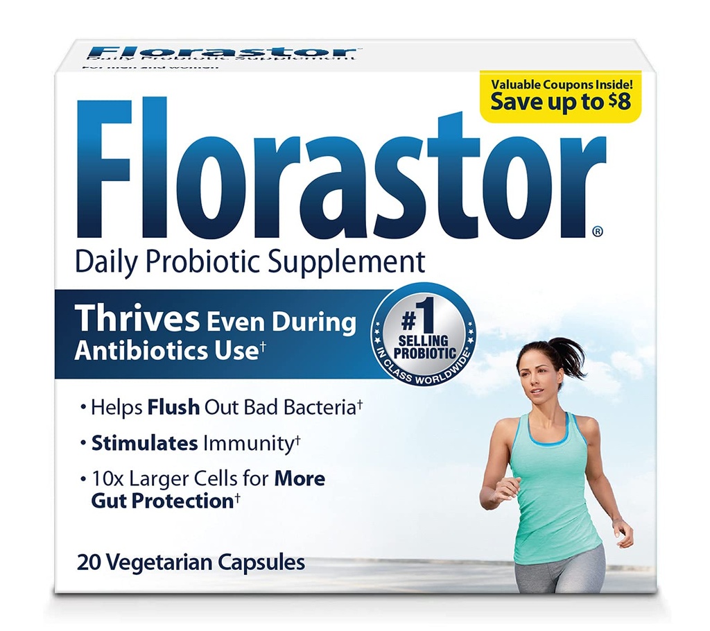 Probióticos Florastor para Salud Digestiva &amp; Inmuna, 20 cápsulas, Probióticos para Mujeres &amp; Hombres, La acción dual ayuda a eliminar las malas bacterias " aumenta el bien con nuestra variedad única Saccharomyces boulardii