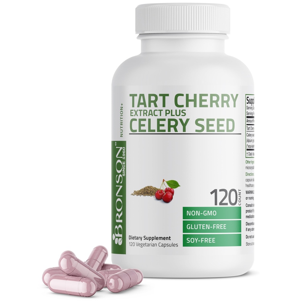 Bronson Tart Cherry Extract + Celery Seed Capsules - Powerful Uric Acid Cleanse, Joint Mobility Support & Muscle Recovery Supplement - Non GMO Formula, 120 Vegetarian Capsules