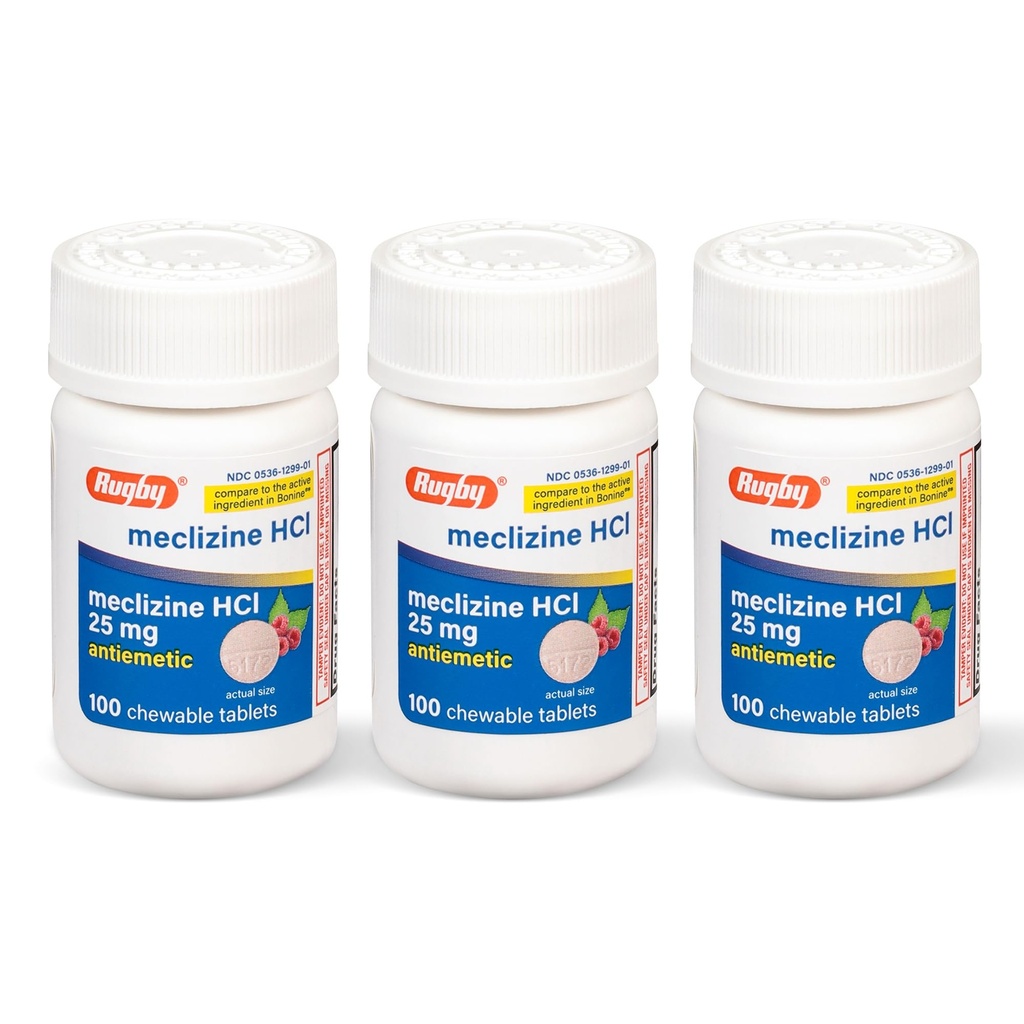 Rugby Meclizine Chewable Tablets 25mg - Anti-Nausea Medicina Ayuda con la enfermedad de la moción - 100 Cuenta (3 Pack)