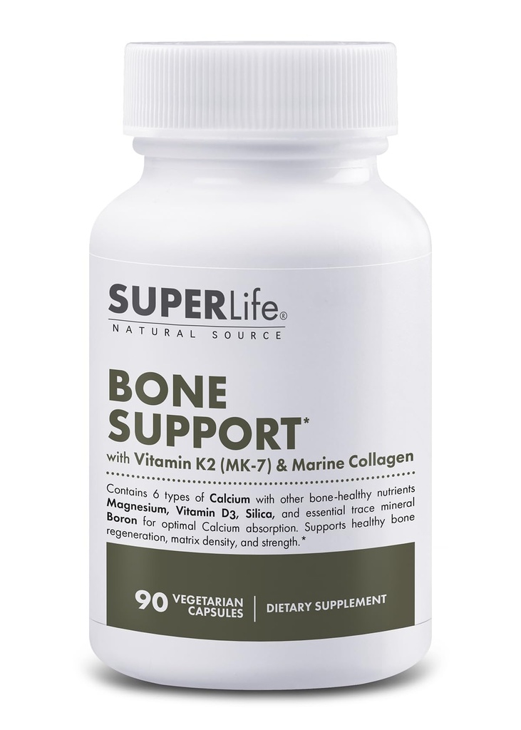 Soporte de hueso con calcio, vitamina D3 " K2 (MK-7), Magnesio, Collagen marino " Sea Trace Minerals " soporta la densidad de huesos " , mejora la absorción mineral - 90 cápsulas