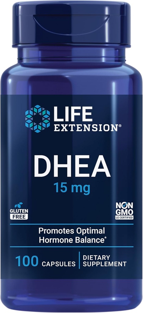 Extensión de vida DHEA 15 mg – Suplemento de equilibrio hormonal, Memoria, Masa muscular y Densidad de Hueso, Saludable Sex Drive, Libre de gluten, No GMO, 100 cápsulas