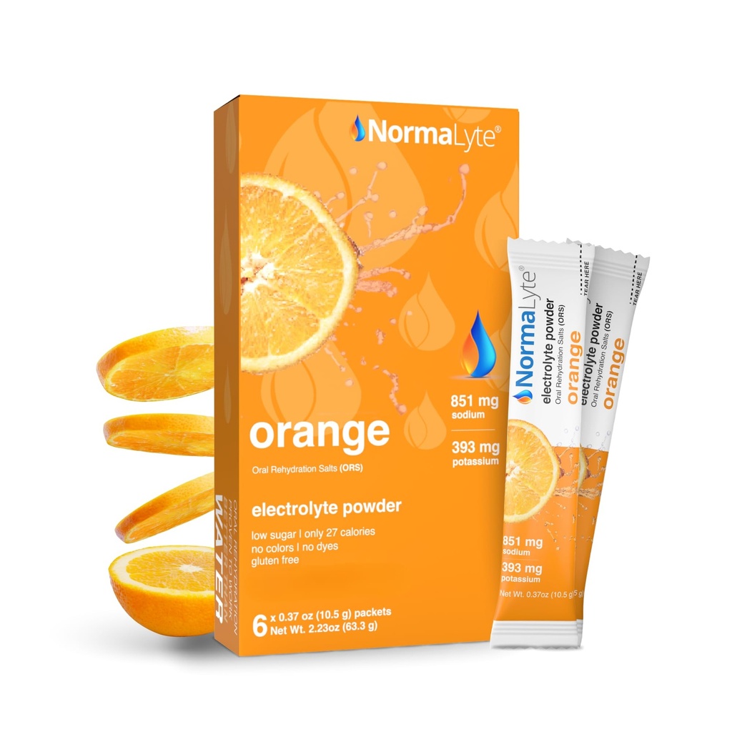 NormaLyte Oral Rehydration Salts- Pack of 6 (Orange) ¦ Electrolytes, Suplementos de Energía, Electrolytes Packets, Hydration Sachet, Potassium Supplement, Vegan, Dehydration Recovery