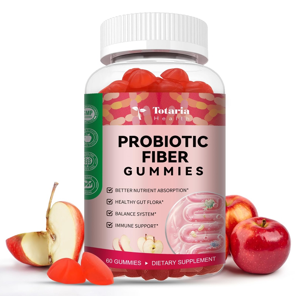 Totaria 9-en-1 Gummies de fibra probiótica para adultos &amp; adolescentes 16G fibra por ser, suplemento de fibra de Psyllium con 5 millones de francos CFU Bacillus Coagulans, Inulin, ACV for Digestive & Gut Wellness - 60 Gummies