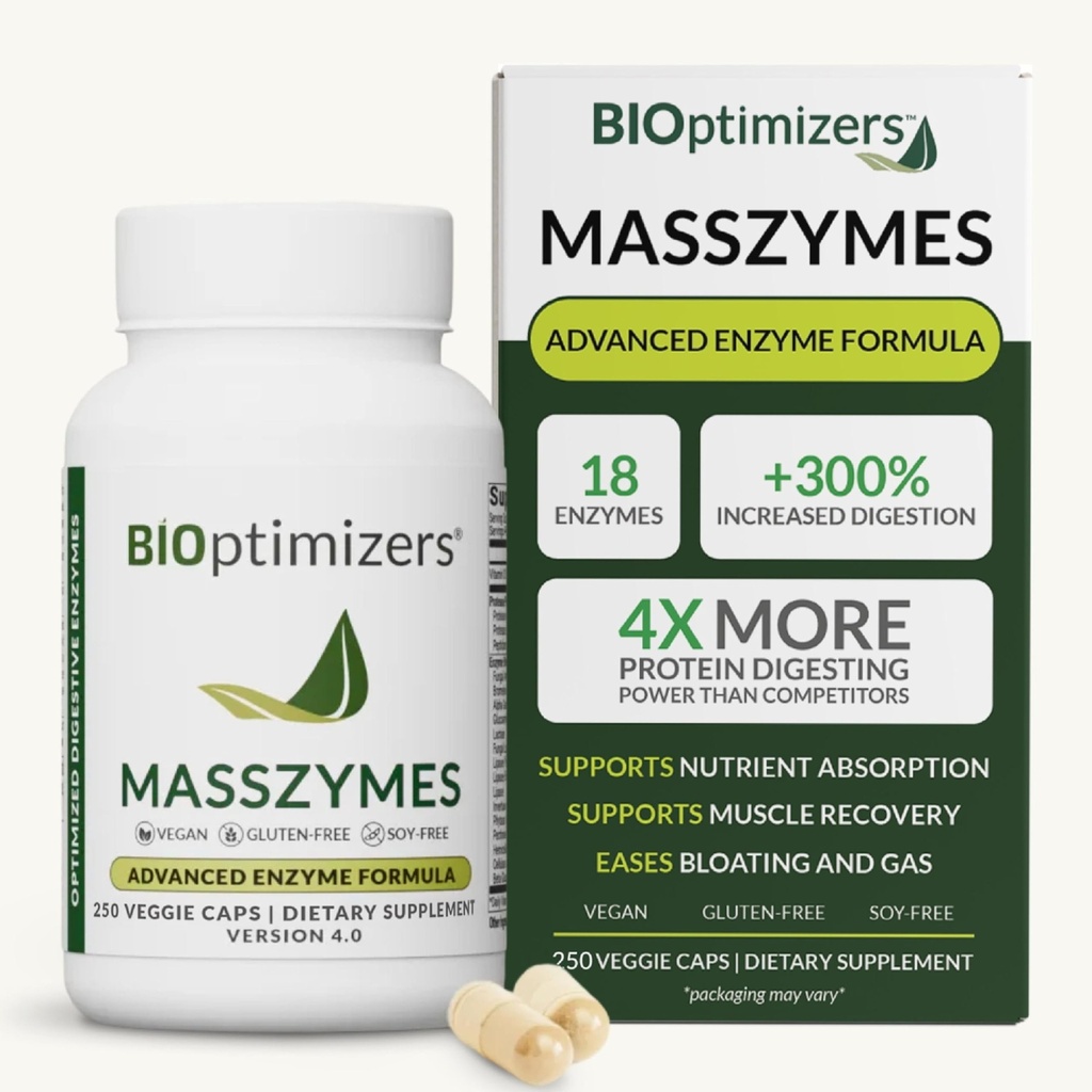 BiOptimizers MassZymes - Suplemento completo de Enzymes Digestivos para Gut Health - Bloating Relief for Men and Women - Lipase Amylase Bromelain Digestive Enzymes (250 cápsulas)