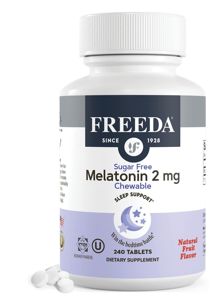 FREEDA Melatonin 2mg Chewables sin azúcar – Asistencia natural para adultos y niños – Vegan, Kosher, Gluten-Free, Non-GMO, Easy Bedtime Support – 240 Tablets