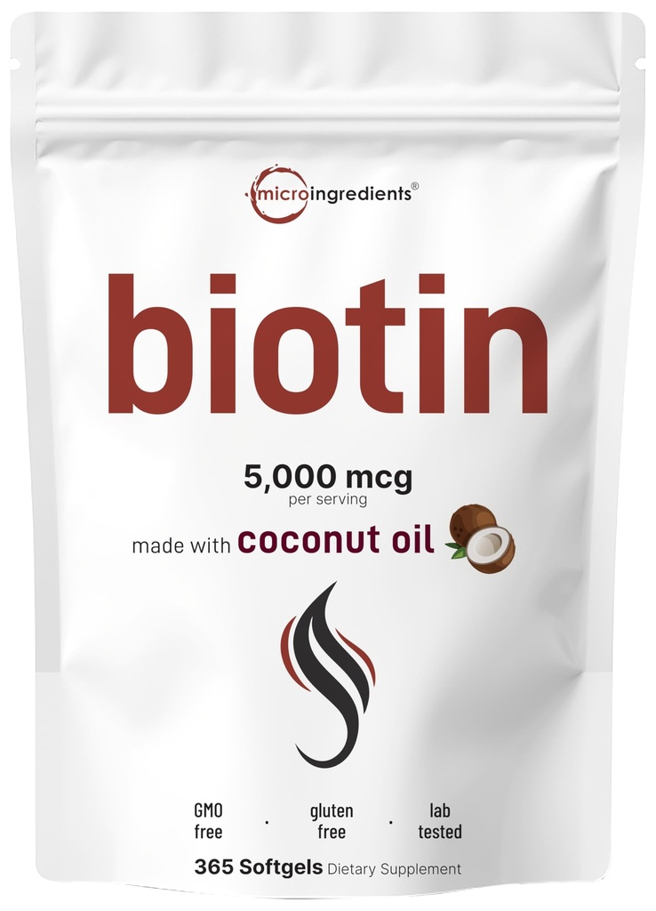 Micro Ingredientes Biotina 5,000mcg viv 365 Virgin Coconut Oil Softgels, Fast Release, One Year Supply ¦ Support Healthy Hair, Skin, " Nails  durable Non-GMO, No Gluten
